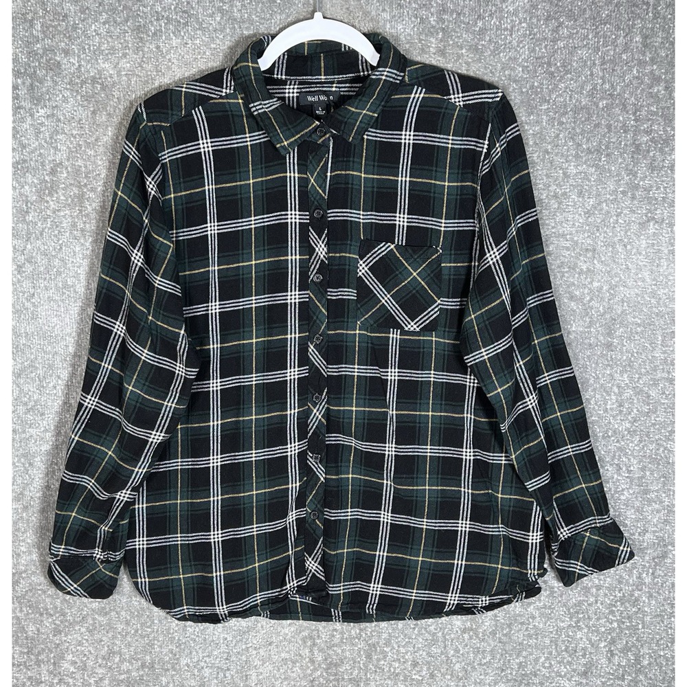 Well Worn Flannel Button Up Shirt Womens Sz Large Green Plaid Pocket Long Sleeve